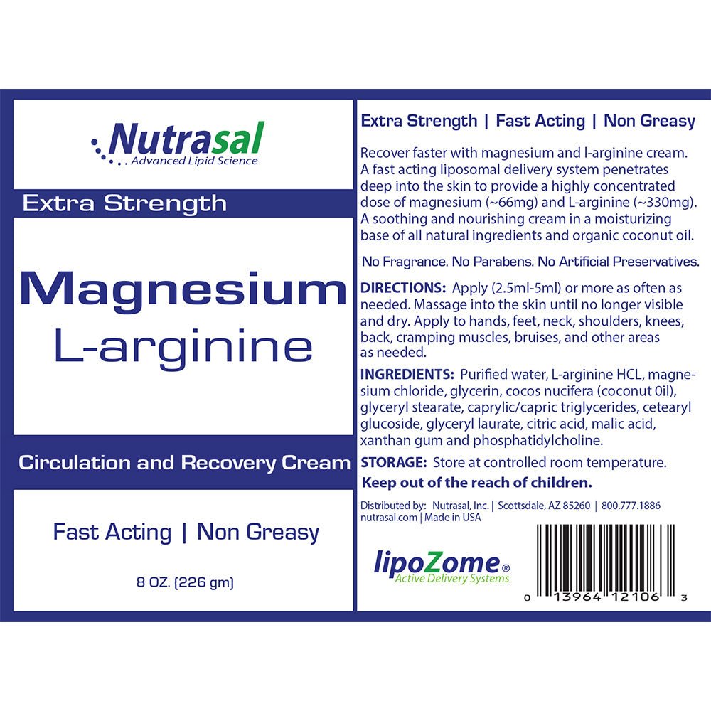 Magnesium L - Arginine Cream 8oz. - Circulation, Muscle, Tendon, Joint, Sports Recovery - Nutrasal