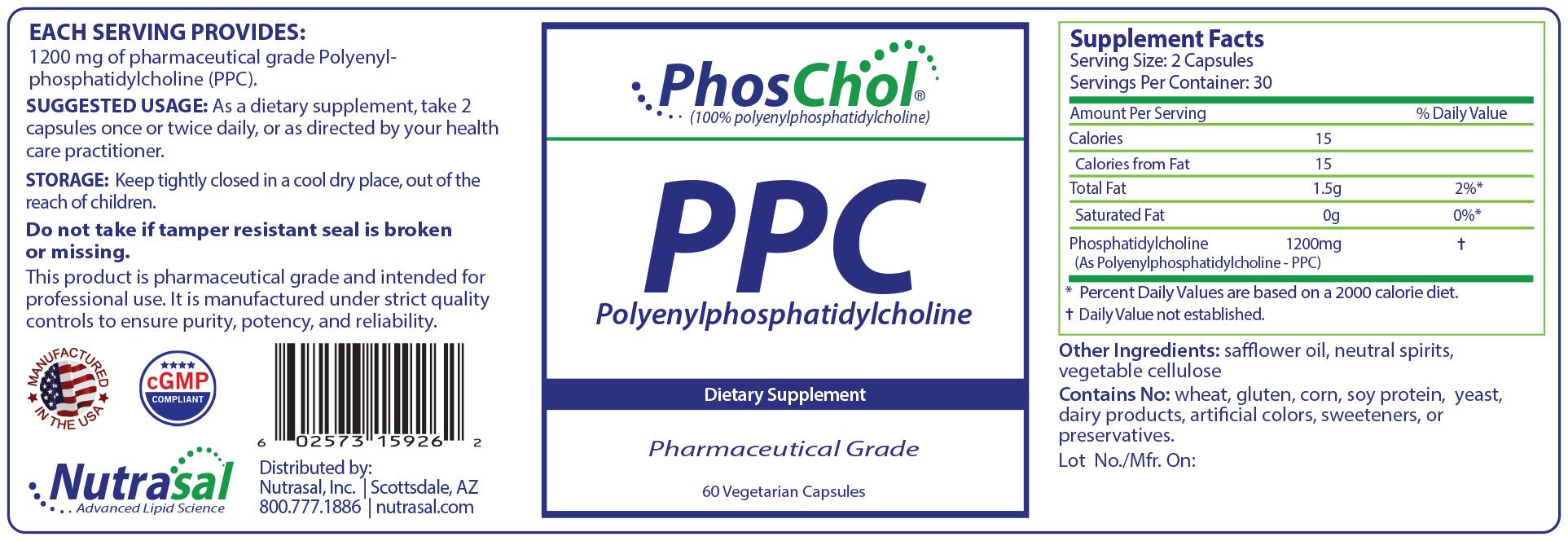 PhosChol 600 60ct. Veggie Cap Pharmaceutical Grade PPC - Nutrasal